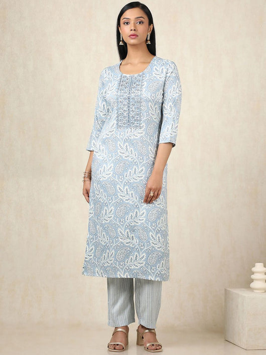 Dhiyona SO Women's Floral Printed Thread Work Straight Kurta With Trousers