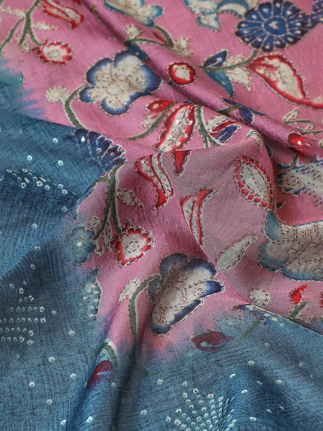 Dhiyona SO Women's Bandhani Printed Mandarin Collar Thread Work A Line Kurta with Palazzos & Dupatta