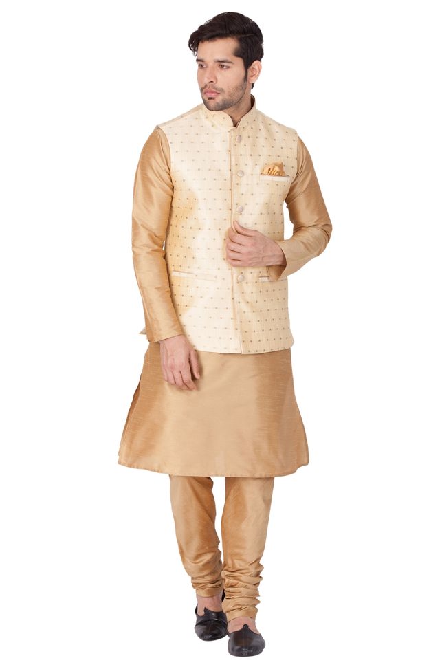 Men's Gold Silk Blend Straight Jacket Kurta and Pyjama Set
