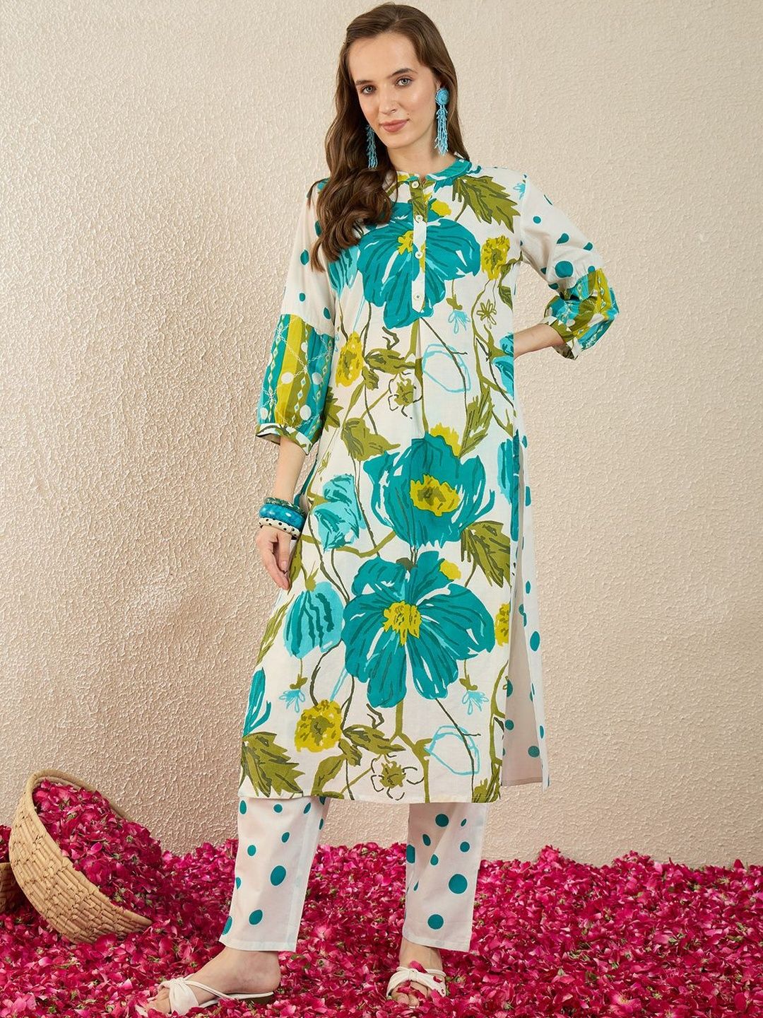 Dhiyona IE Printed Mandarin Collar Three-Quarter Sleeves Pure Cotton Tunic And Trousers