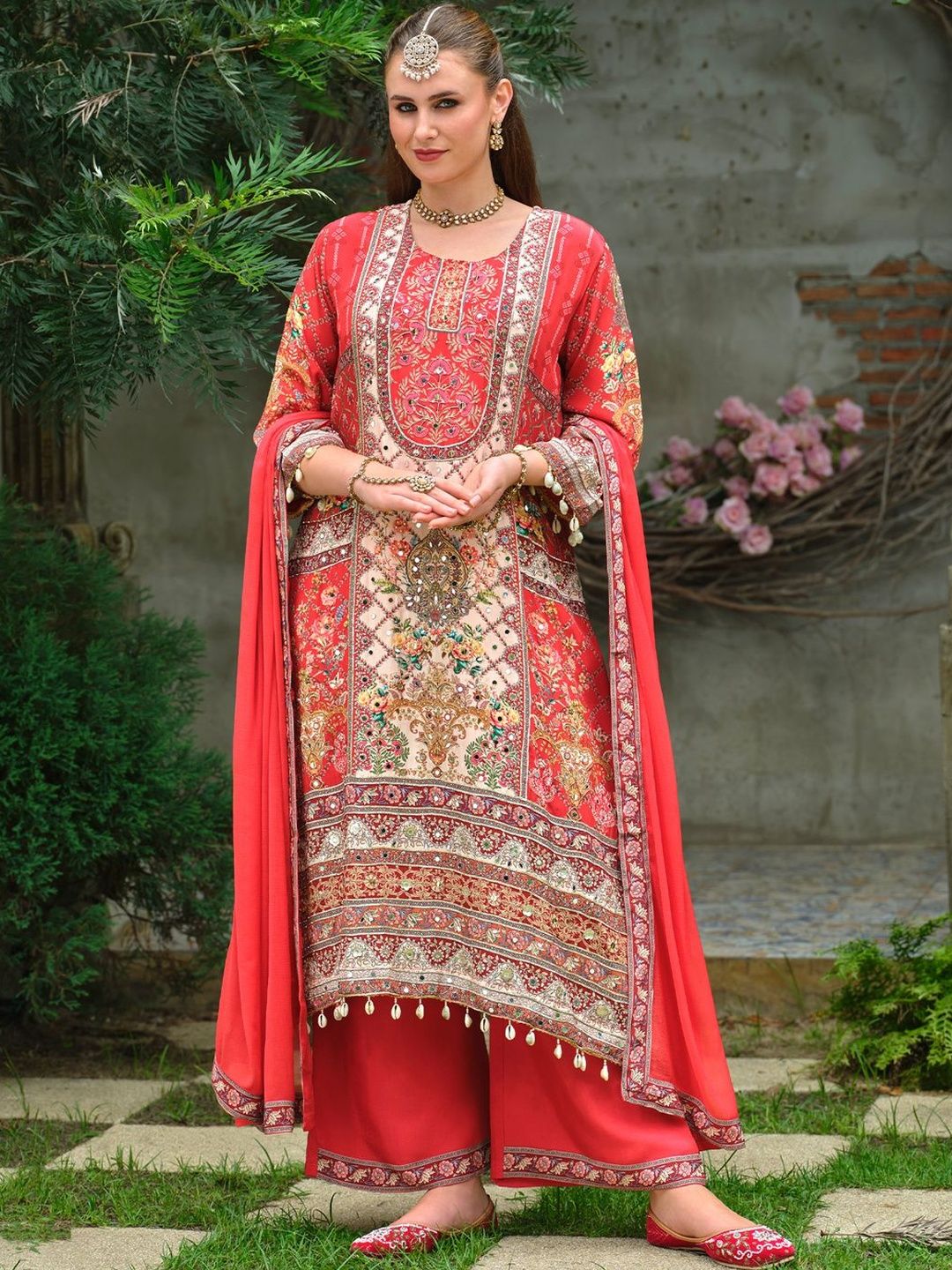 Ethnic Motifs Printed Mirror Work Pure Silk A-Line Kurta & Palazzos With Dupatta