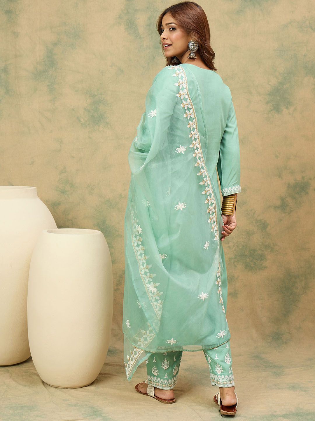 Dhiyona VA Women's Ethnic Motifs Embroidered Round Neck Straight Kurta with Trousers & Dupatta