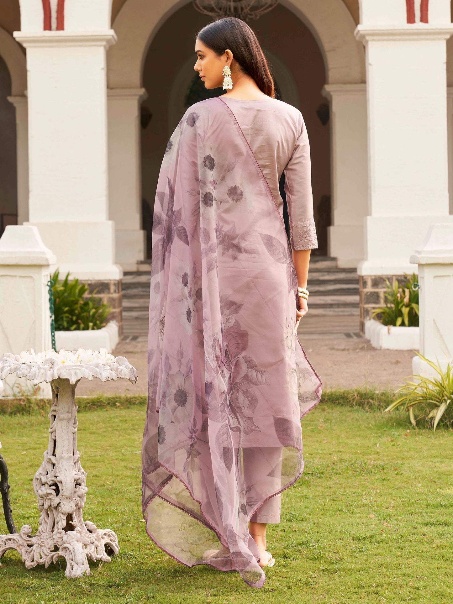Dhiyona TI Women's Lavender Cotton Embroidery Kurta with Trouser & Dupatta