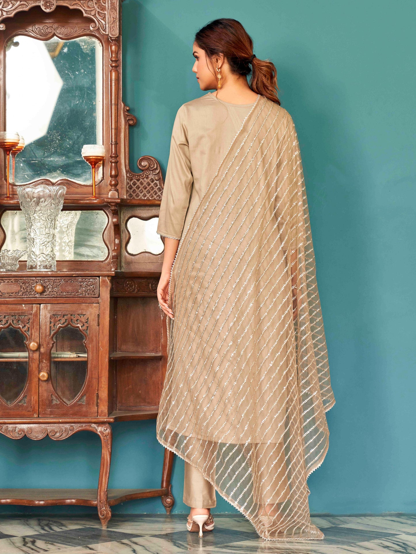 Dhiyona TI Women's Beige Solid Gota Kurta with Pant & Dupatta