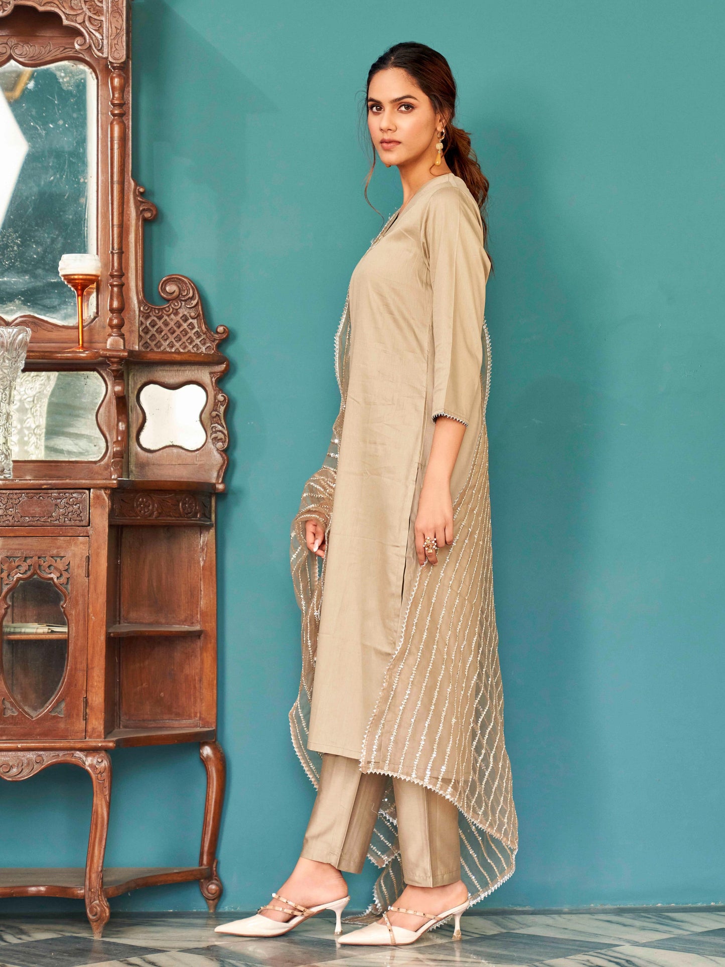 Dhiyona TI Women's Beige Solid Gota Kurta with Pant & Dupatta