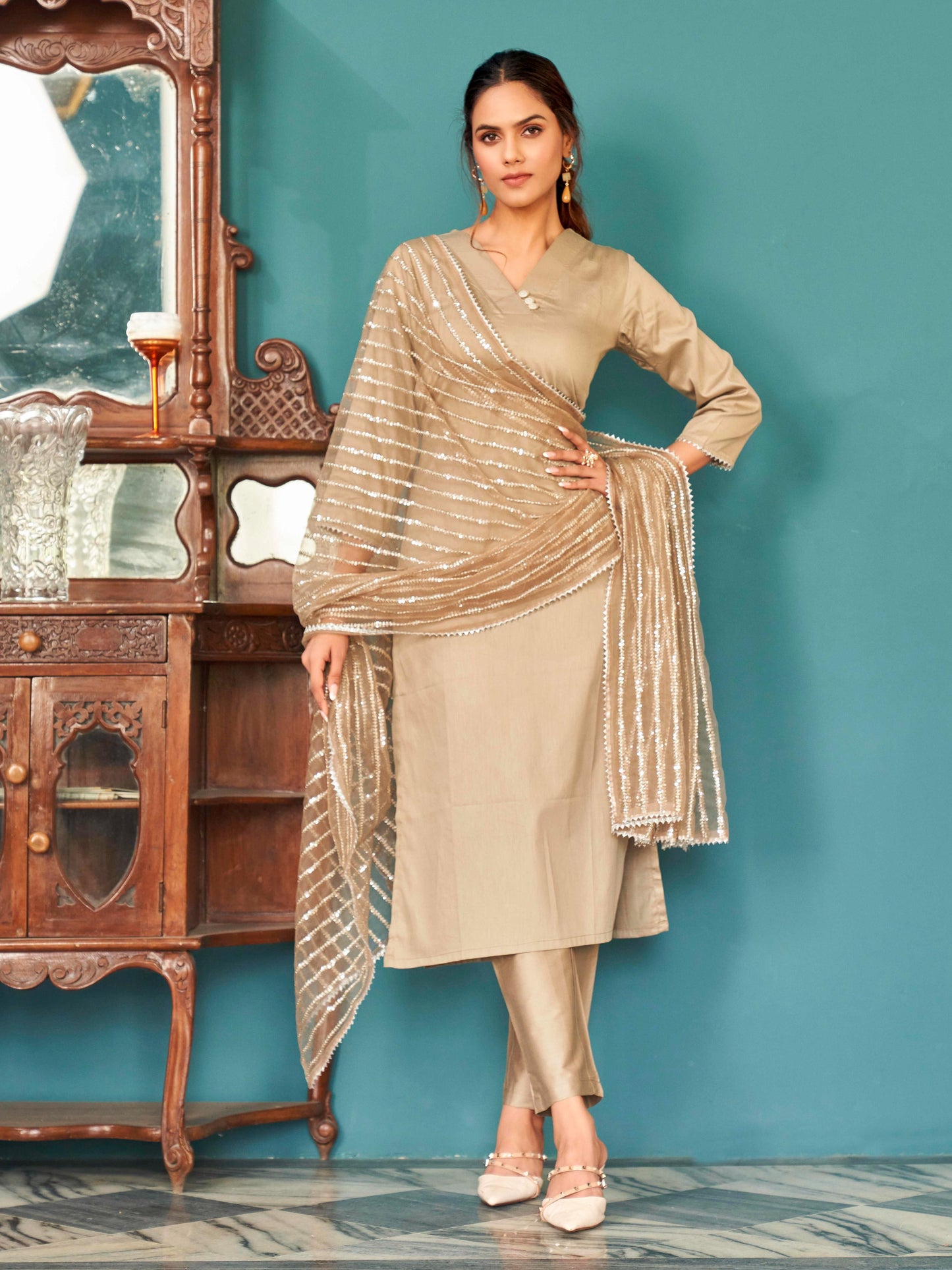 Dhiyona TI Women's Beige Solid Gota Kurta with Pant & Dupatta