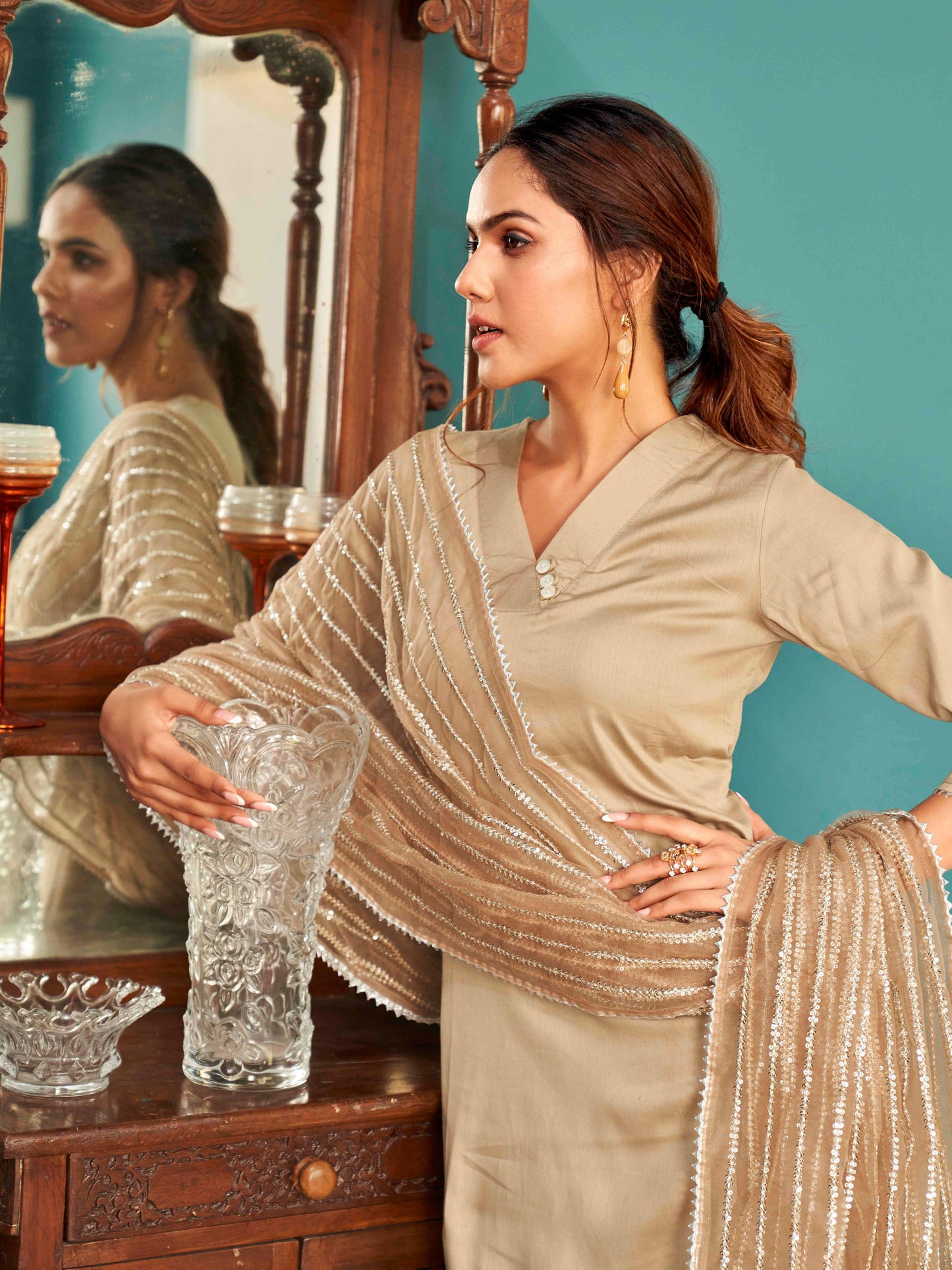Dhiyona TI Women's Beige Solid Gota Kurta with Pant & Dupatta