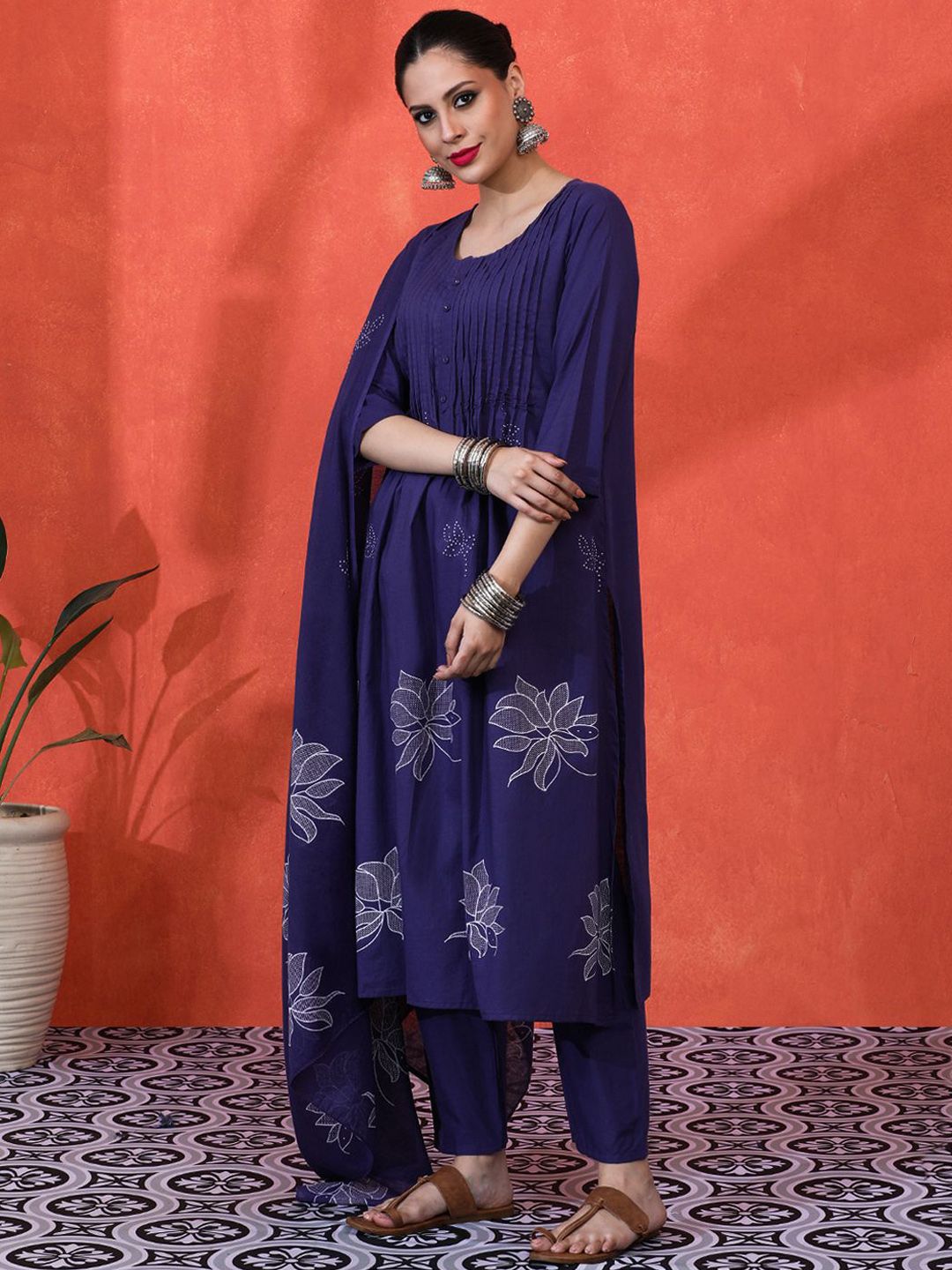 Dhiyona SN Women's Floral Printed Pure Cotton A-Line Kurta And Trousers With Dupatta