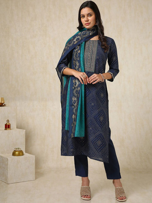 Dhiyona SO Women's Bandhani Printed Straight Kurta with Trousers & Dupatta