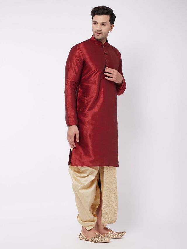 Men's Maroon Silk Blend Straight Kurta and Dhoti Set