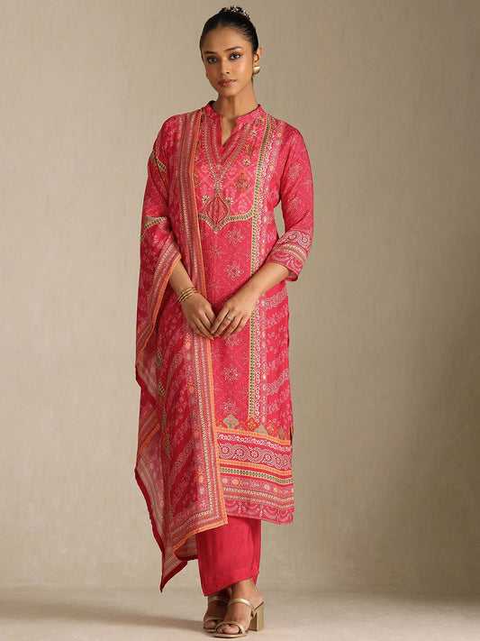 Dhiyona SO Women's Floral Printed Mandarin Collar Sequinned Straight Kurta With Trousers And Dupatta