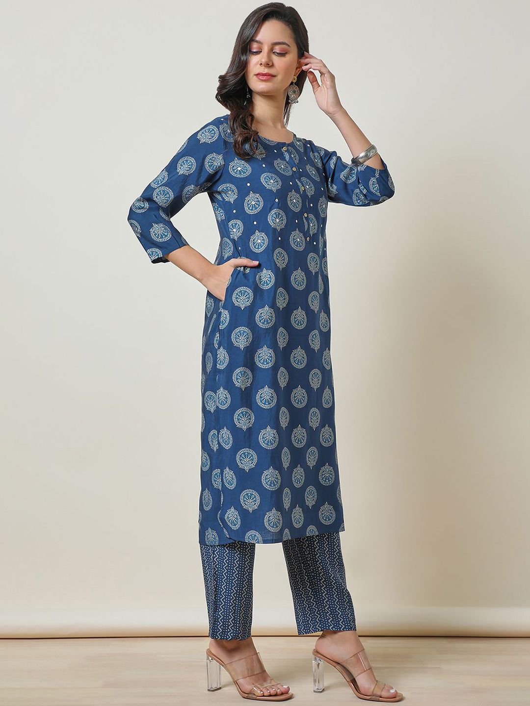 Dhiyona SO Women's Blue Ethnic Motifs Embroidered Round Neck Straight Mirror Work Kurta With Trousers