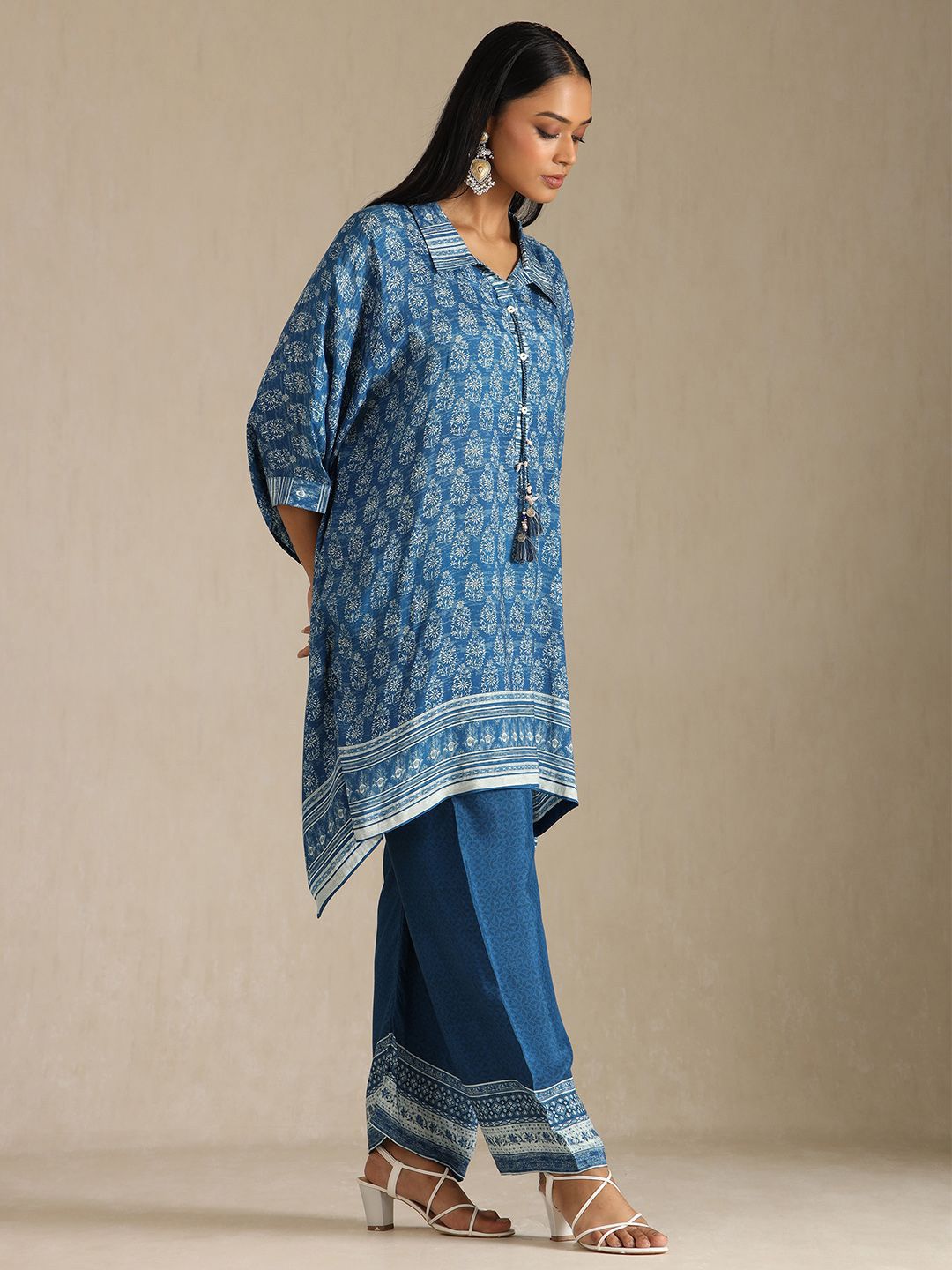 Dhiyona SO Women's Floral Printed Thread Work Kaftan Kurta with Trouser