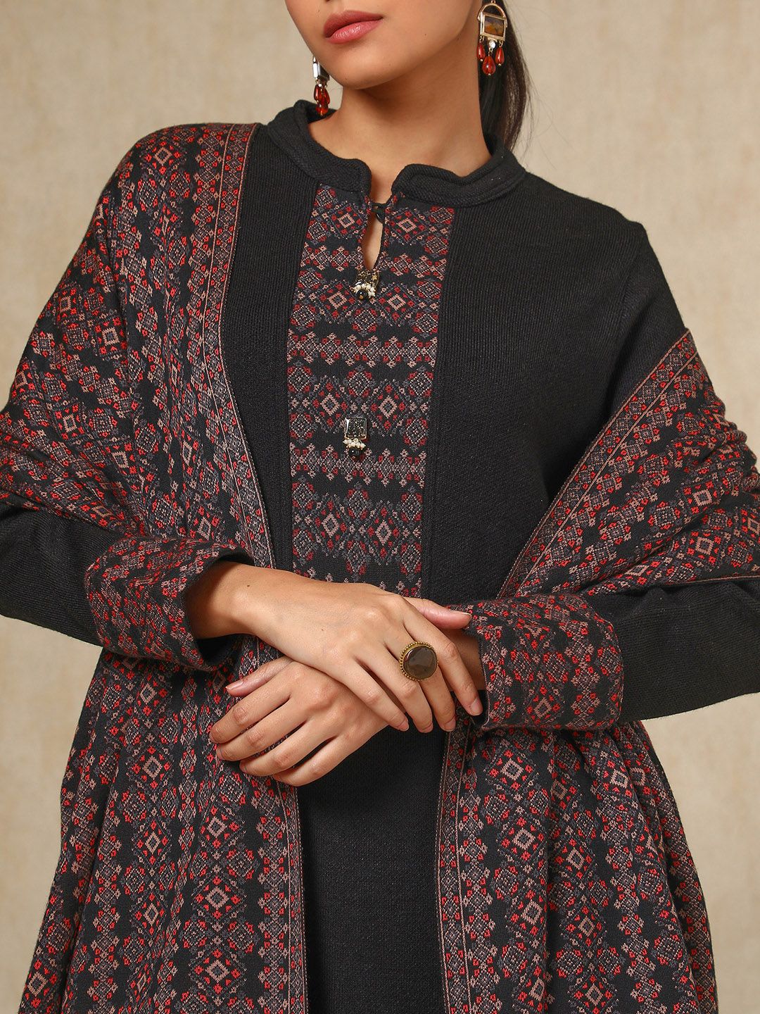 Dhiyona SO Women's Black Geometric Woven Design Acrylic Straight Kurta With Trouser & Dupatta