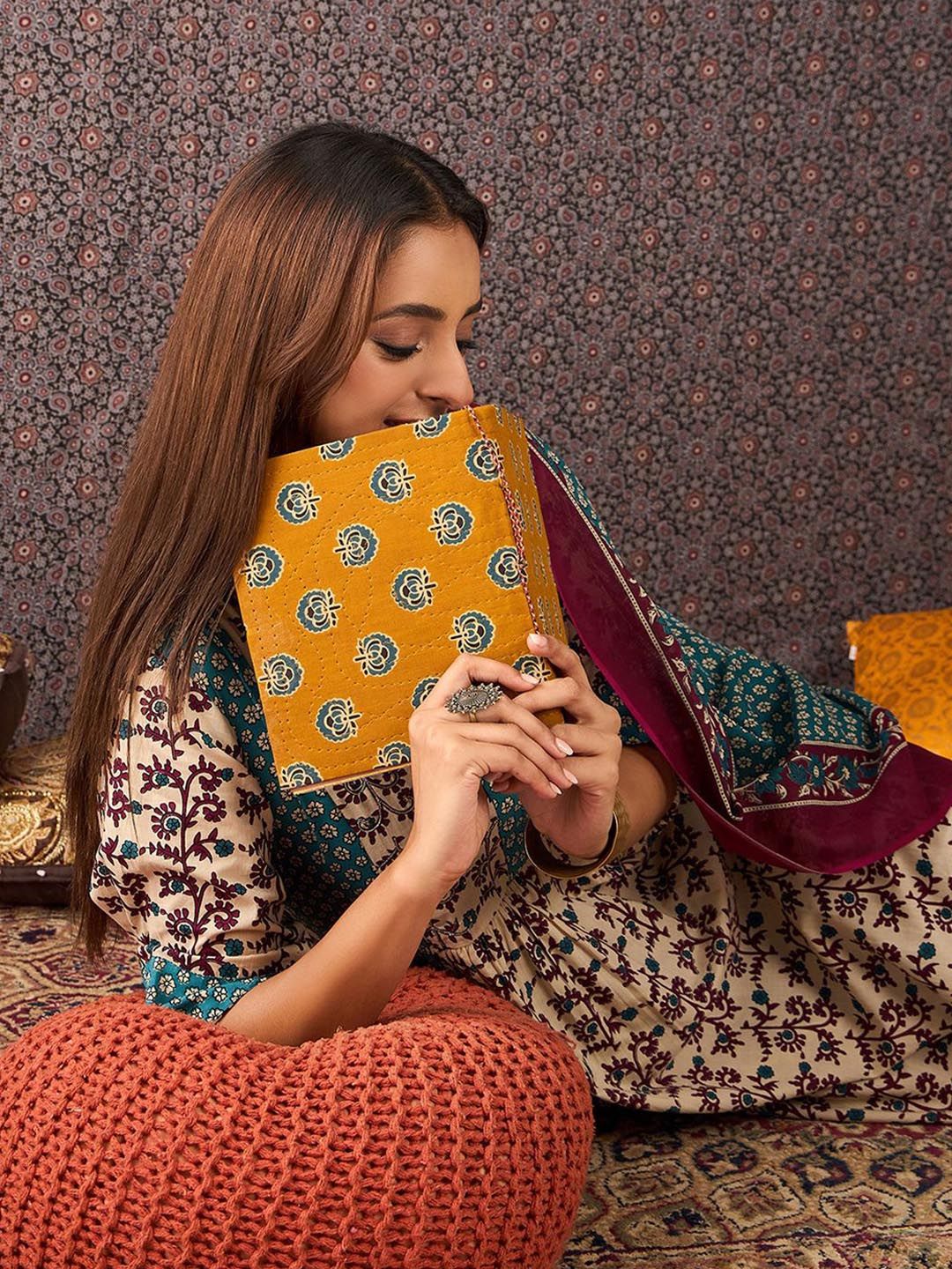 Floral Printed Mandarin Collar Pure Cotton A-Line Kurta & Trousers With Dupatta