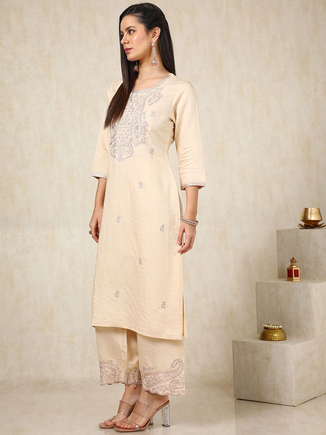 Dhiyona SO Women's Beige Paisley Embroidered Round Neck Regular Straight Kurta With Palazzo