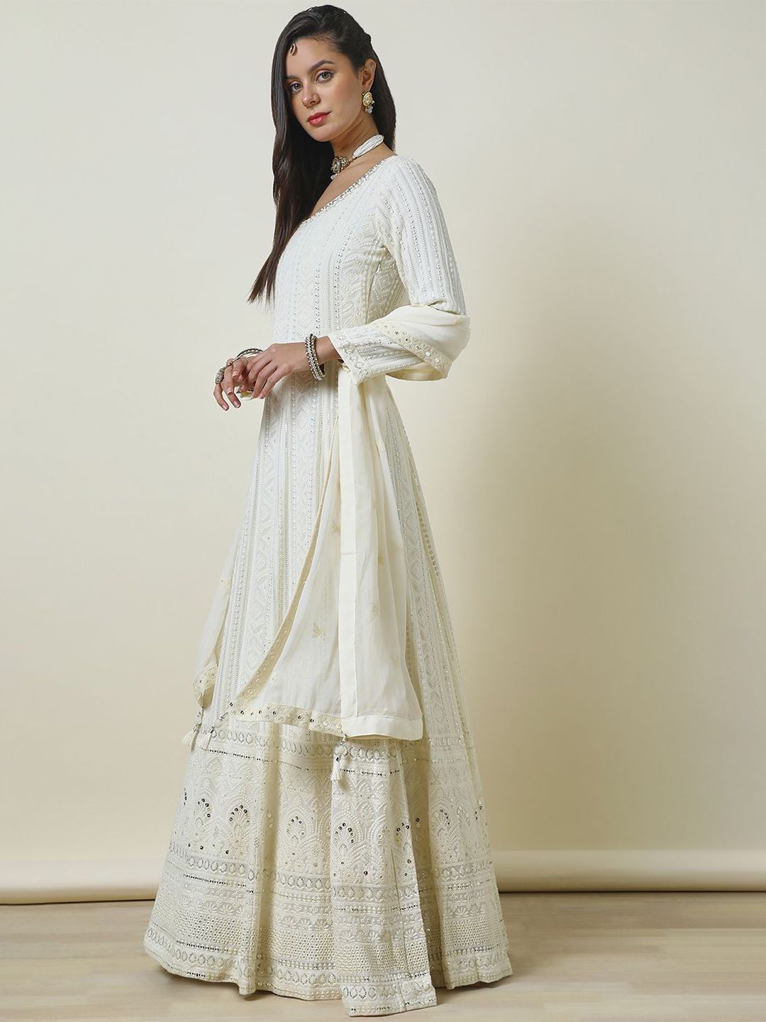 Dhiyona SO Women's Floral Embroidered Regular Sequinned Anarkali Kurta with Churidar & Dupatta
