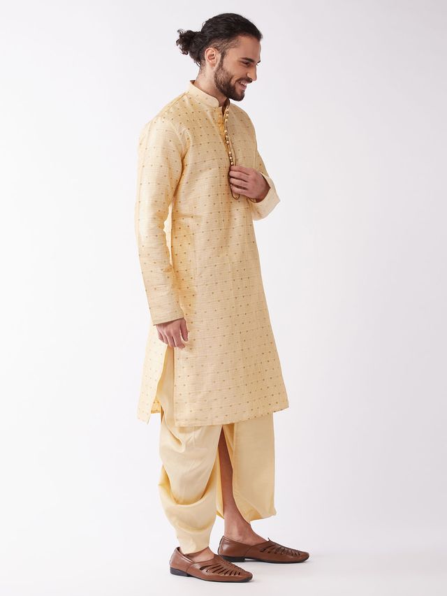 Men's Beige Silk Blend Straight Kurta and Dhoti Set