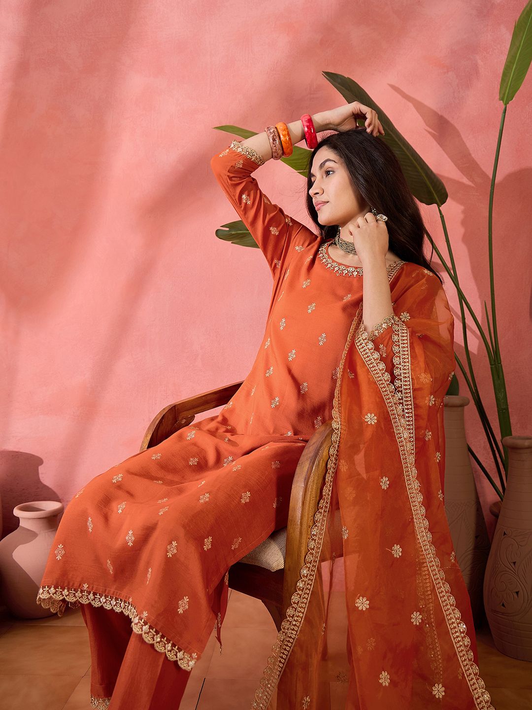 Dhiyona SN Women's Orange Ethnic Motifs Woven Design Sequinned Kurta With Trousers And Dupatta