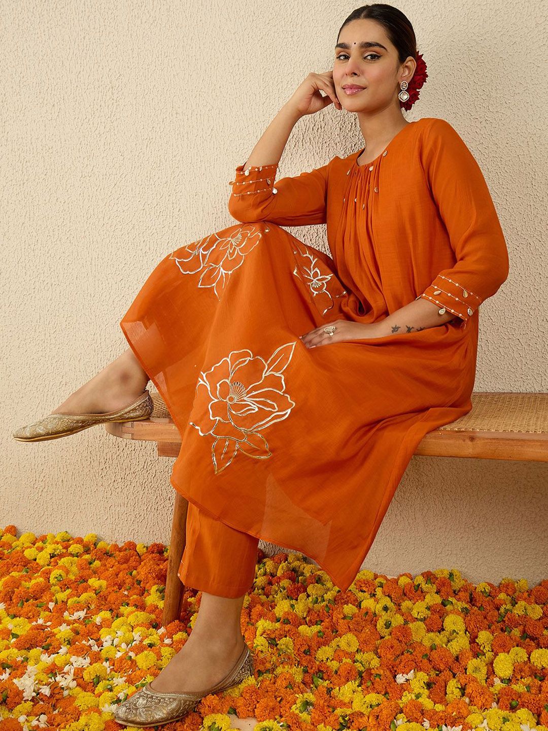 Women Floral Embroidered Regular Gotta Patti Kurta with Trousers