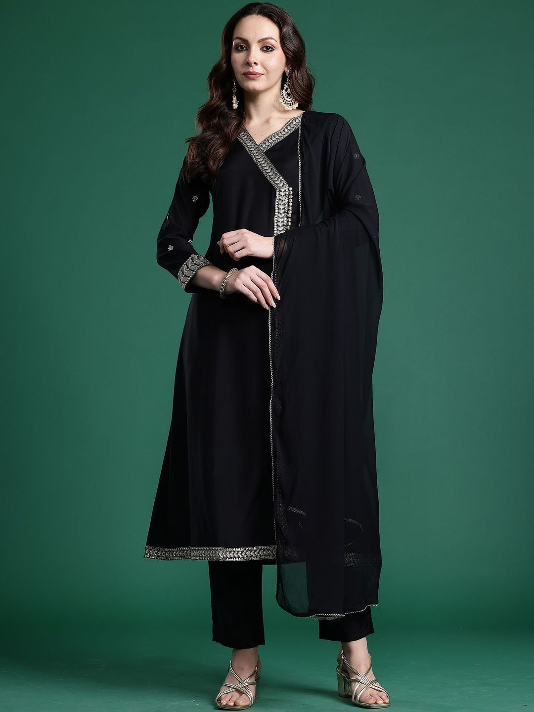 Ethnic Motifs Embroidered Angrakha Thread Work Kurta with Trousers & Dupatta