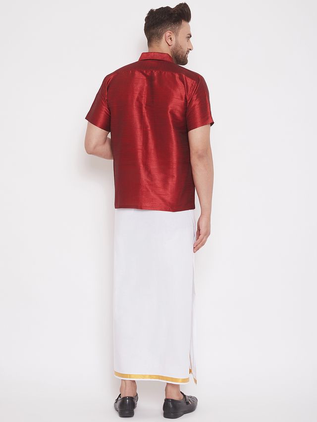Men's Maroon Silk Blend Straight Shirt And Mundu