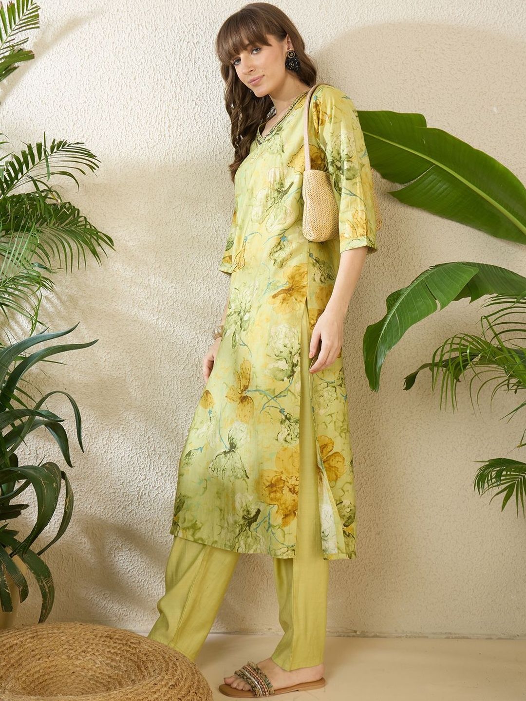 Floral Printed Thread Work Pure Cotton Kurta With Palazzos