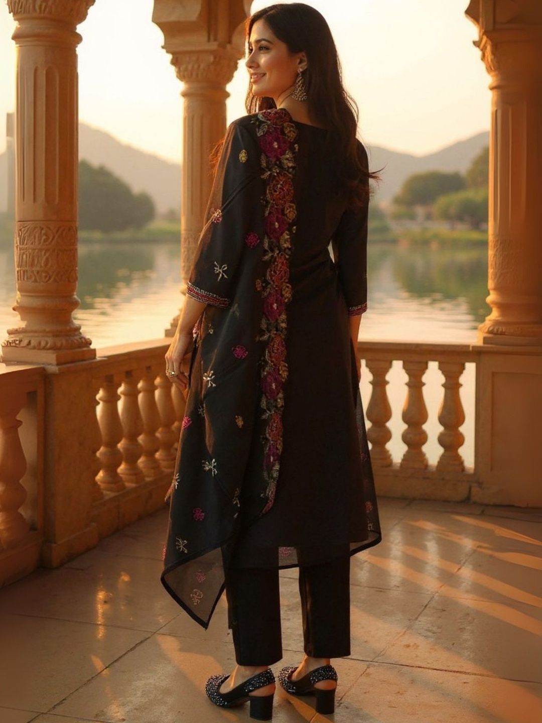 Geometric Yoke Design Thread Work Pure Cotton Kurta & Trousers With Dupatta