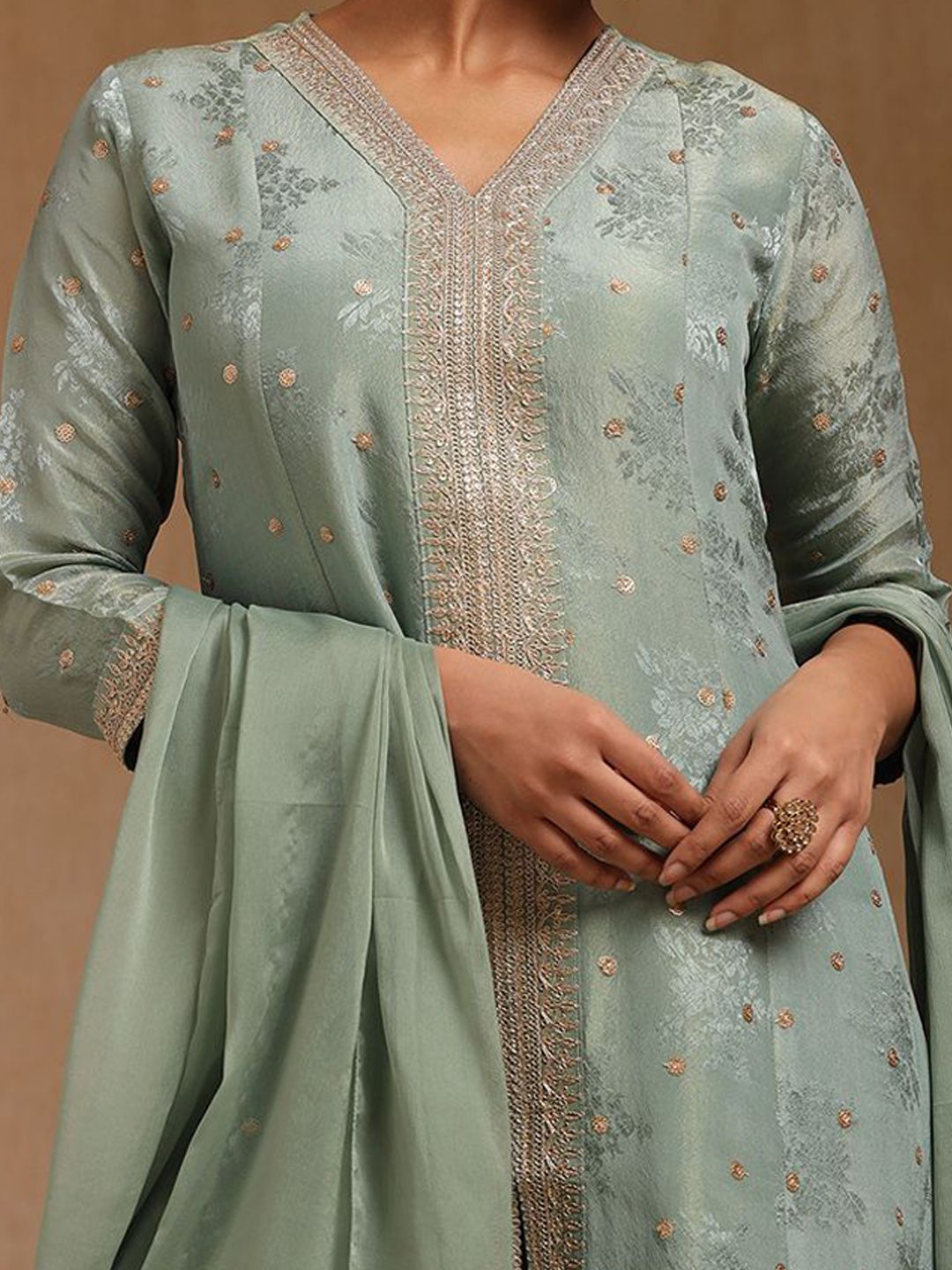 Dhiyona SO Women's Floral Embroidered Regular Sequinned Straight Kurta with Palazzos & Dupatta