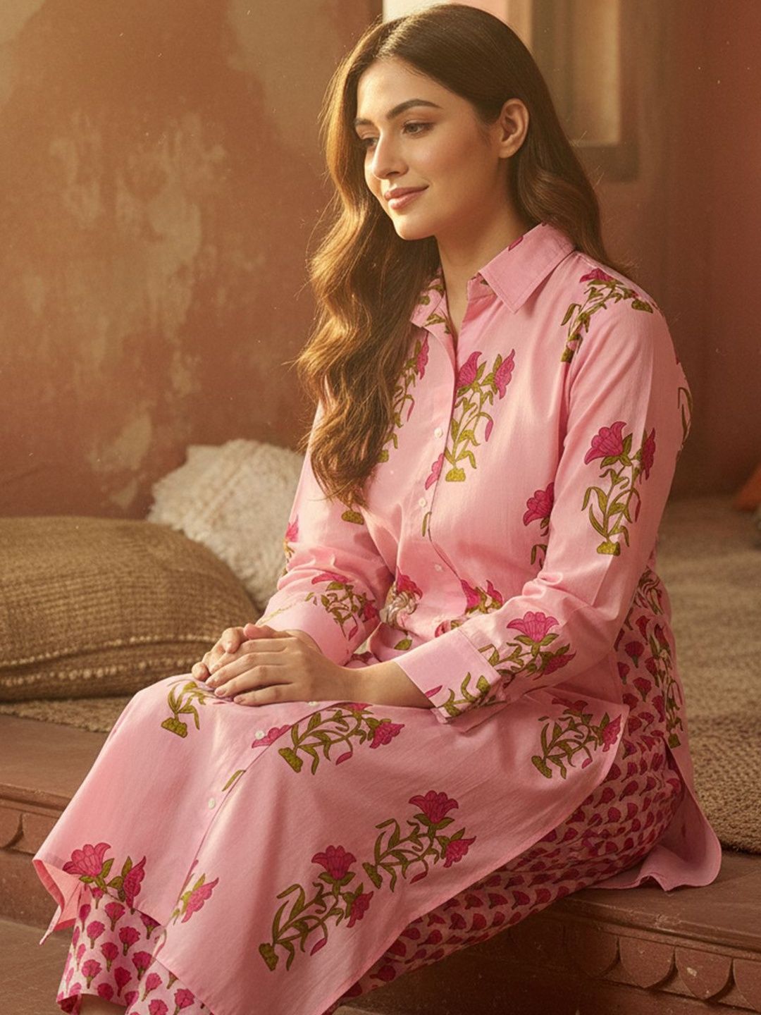 Floral Printed Shirt Collar Pure Cotton Straight Kurta With Trousers