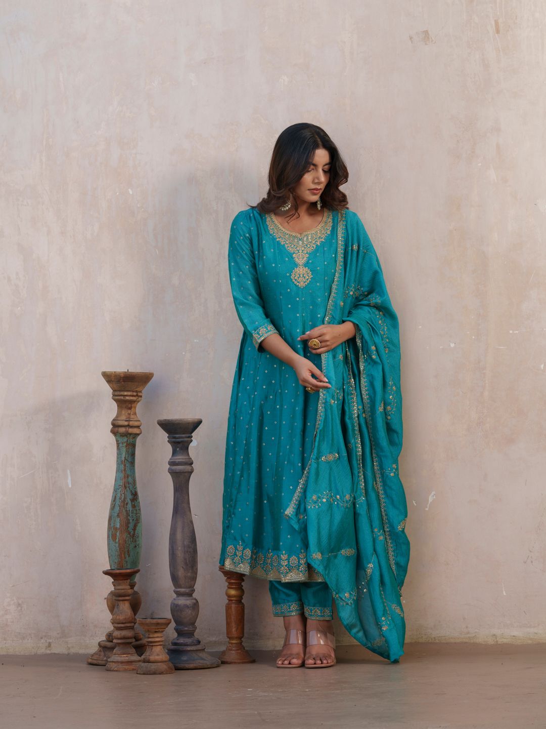 Dhiyona PD Women Bandhani Printed Panelled Anarkali Kurta With Trouser & Dupatta