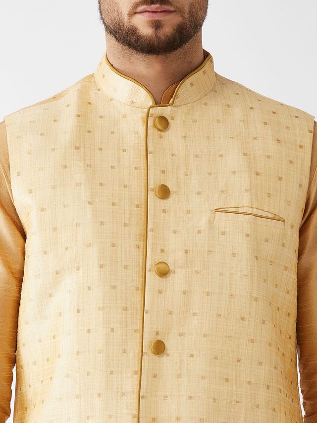 Men's Rose Gold Silk Blend Straight Jacket Kurta and Dhoti Set