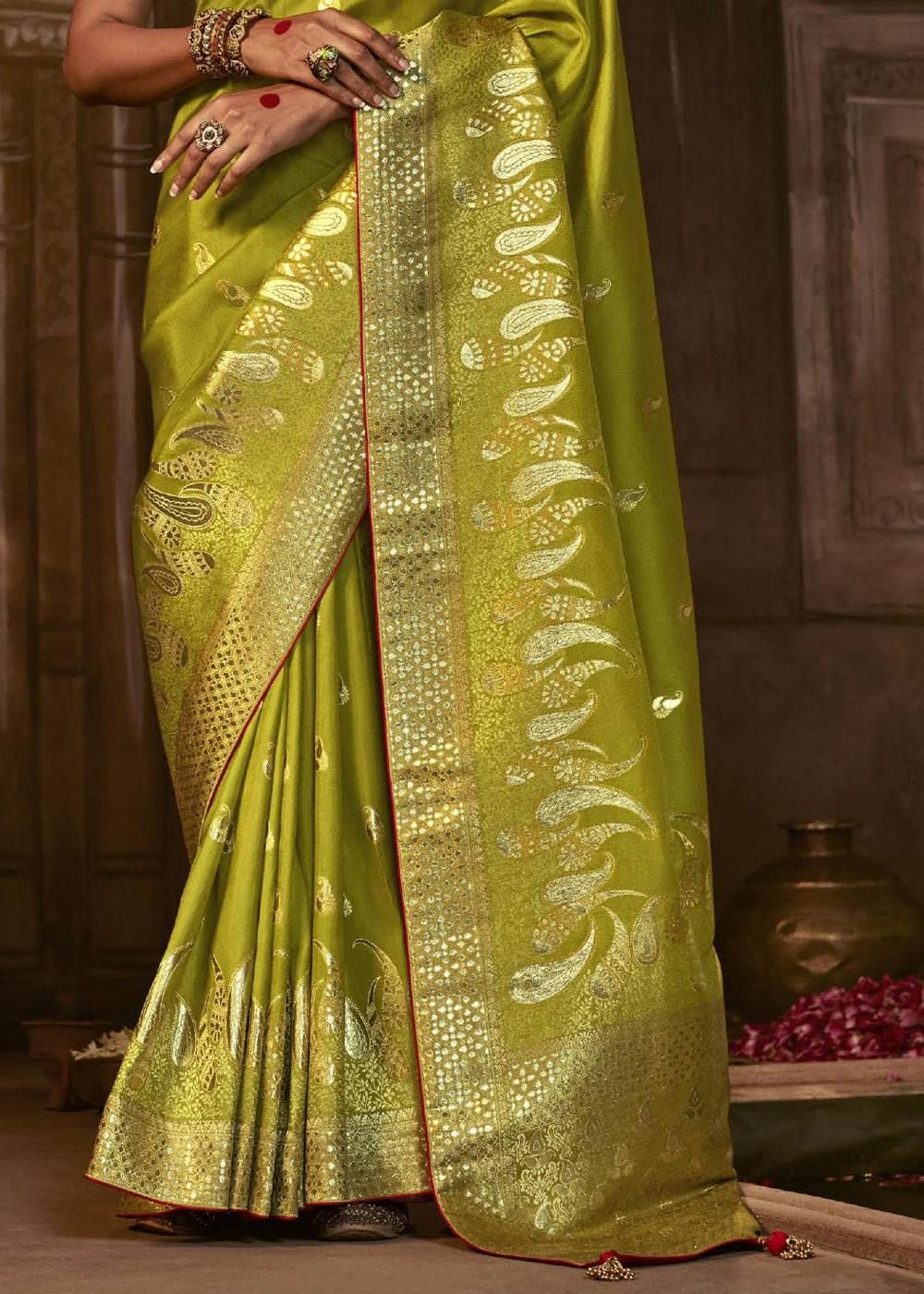Dhiyona KM Women Green Banarasi Silk Saree With Rich Golden Zari & Red Contrast Blouse