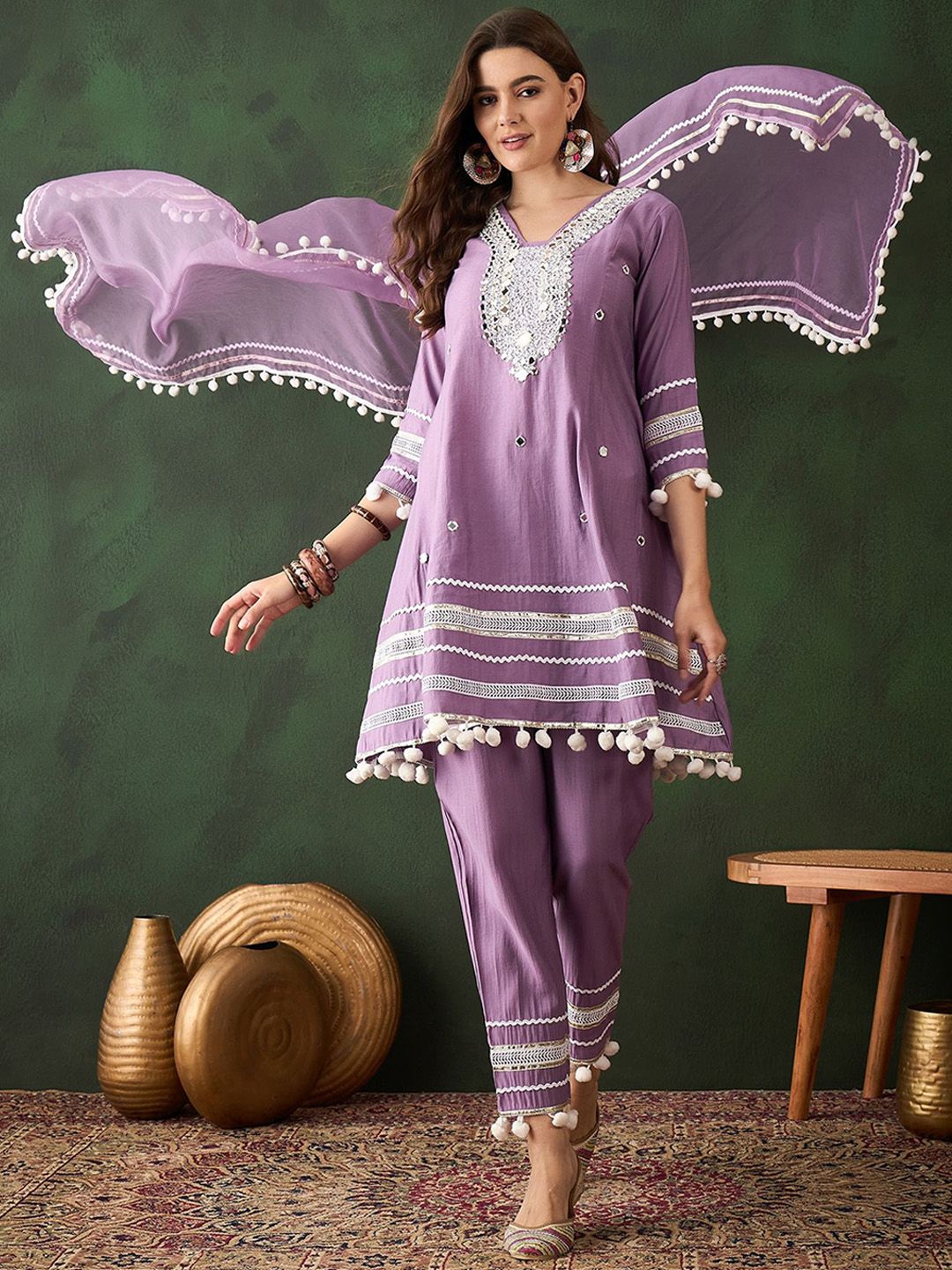 Dhiyona SN Women's Purple Floral Embroidered Mirror Work A-Line Kurta With Trousers & Dupatta