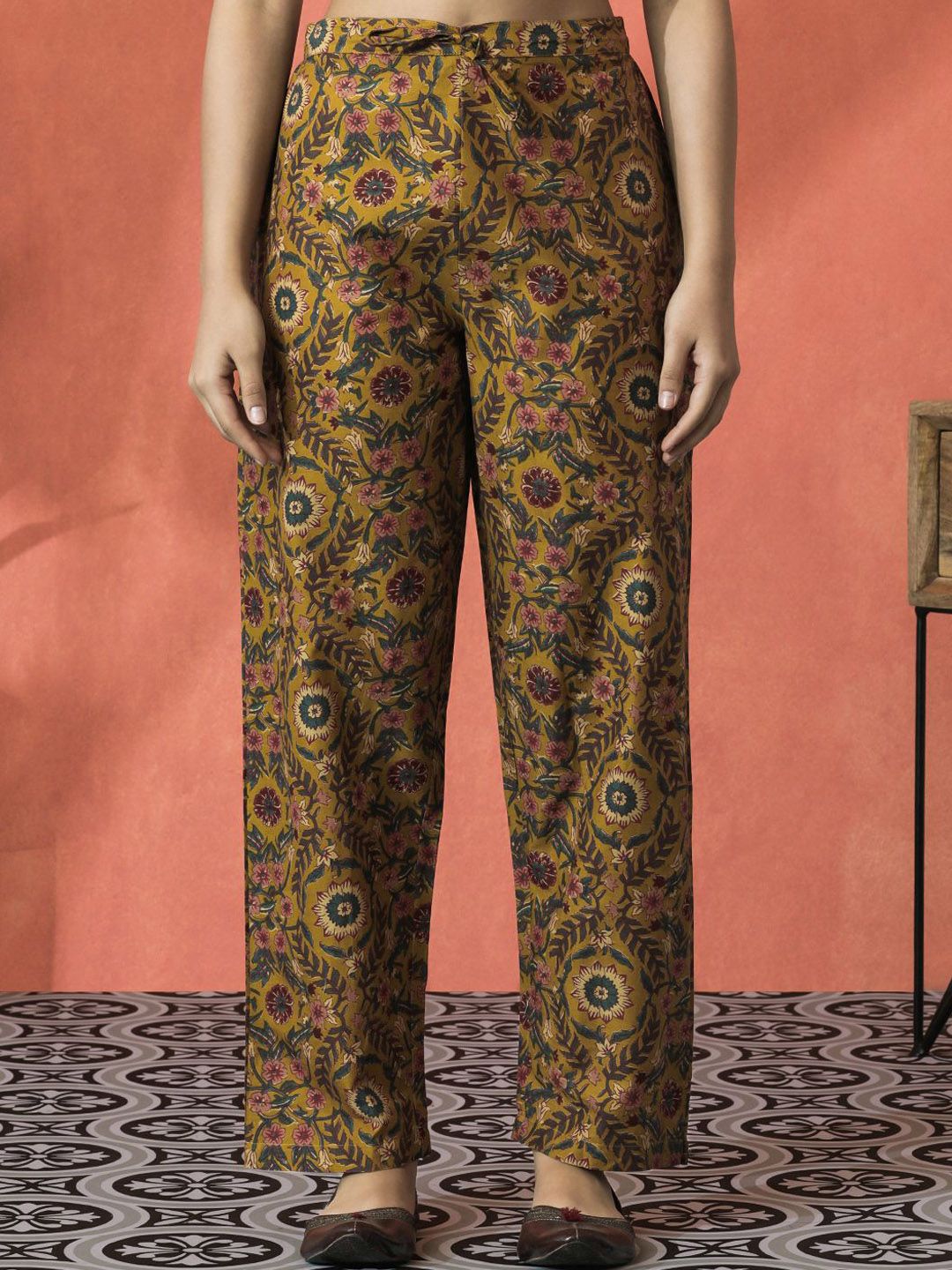 Dhiyona SN Women's Floral Printed V-Neck Beaded Pure Cotton Straight Kurta With Trouser And Dupatta