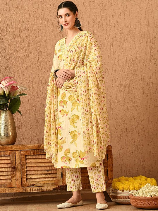 Women's Floral Printed Regular Thread Work Pure Cotton Kurta with Trousers & With Dupatta