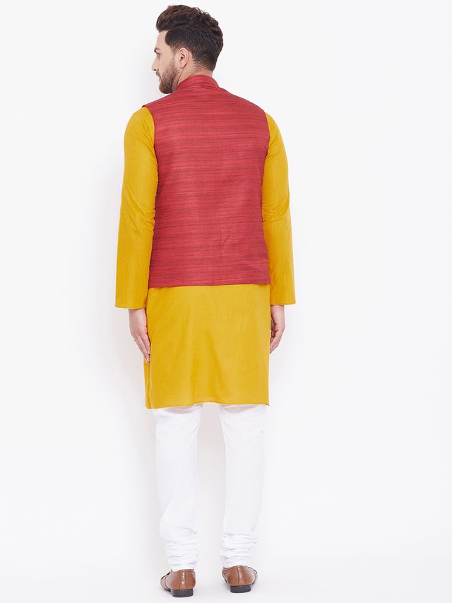 Men's Mustard Cotton Blend Straight Jacket Kurta and Pyjama Set