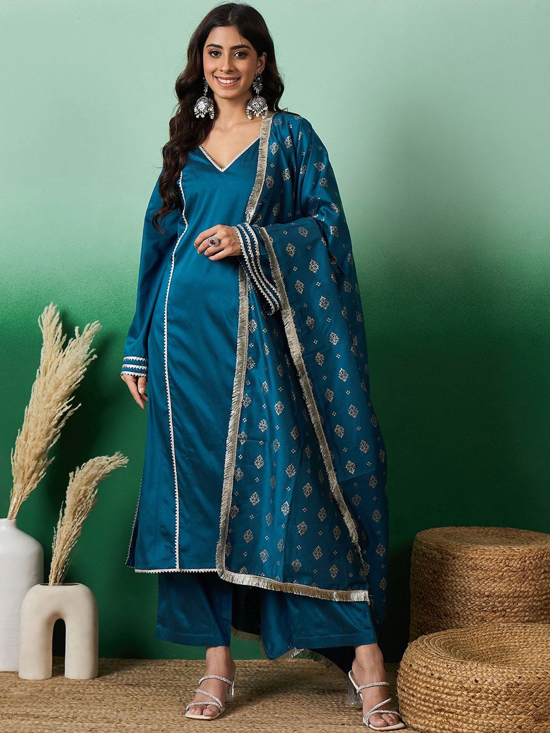 Dhiyona SN Women's Striaght Kurta With Pant & Printed Dupatta