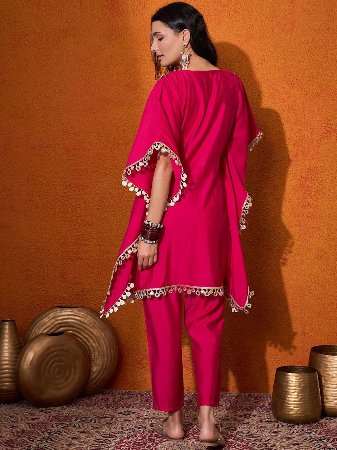 Dhiyona SN Women's Embroidered V-Neck Mirror work Kaftan With Trousers
