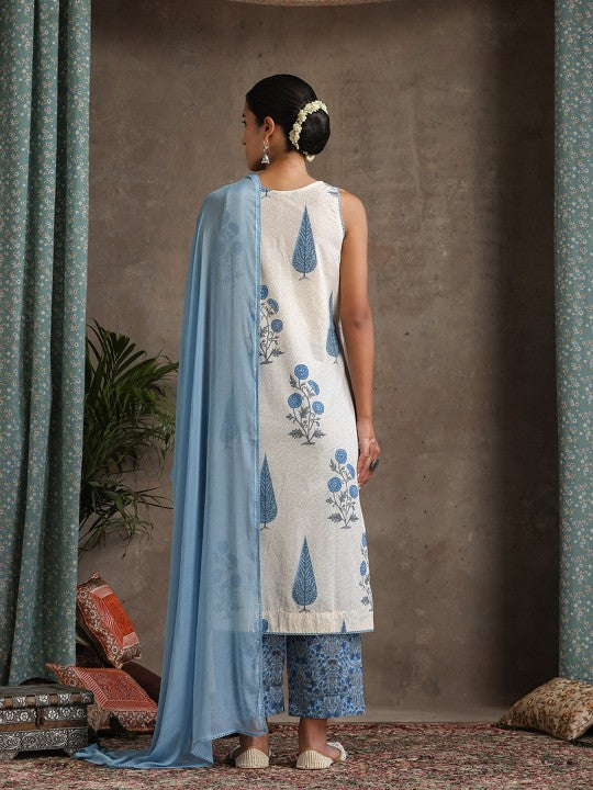 Women's Floral Printed V-Neck Pure Cotton Straight Kurta With Palazzos & Dupatta