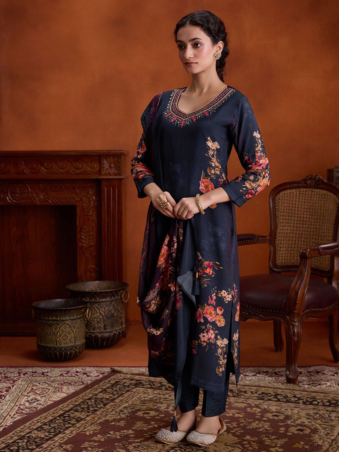 Dhiyona WP Floral Embroidered Beads and Stones Straight Kurta with Trousers & Dupatta