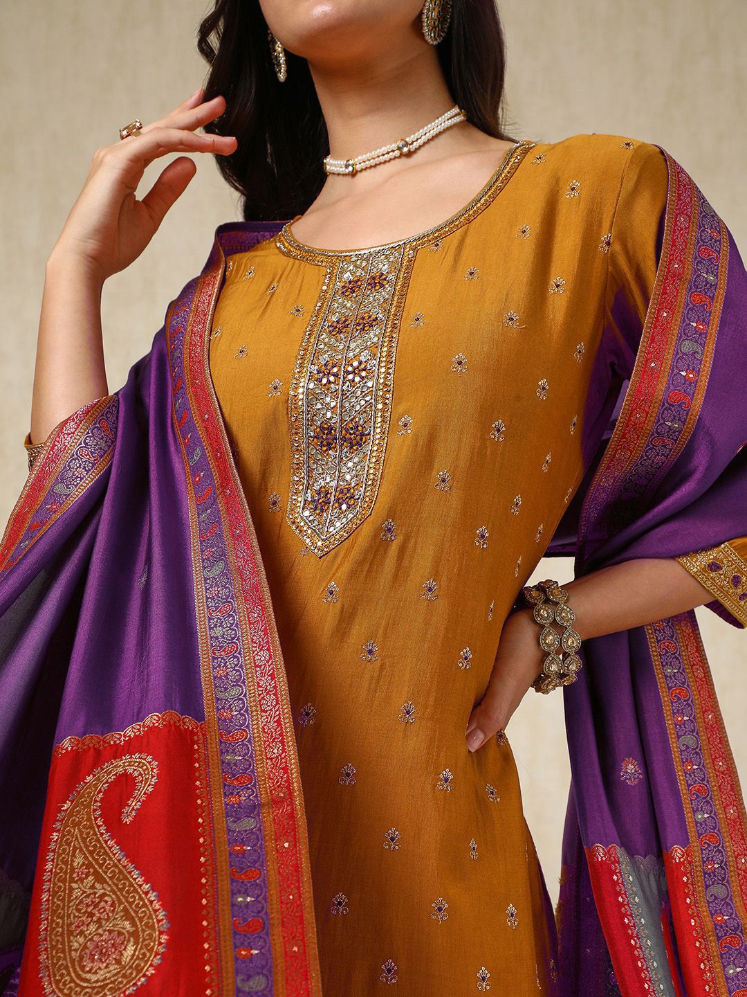 Dhiyona SO Women's Ethnic Motifs Embroidered Mirror Work Straight Kurta with Trousers & Dupatta