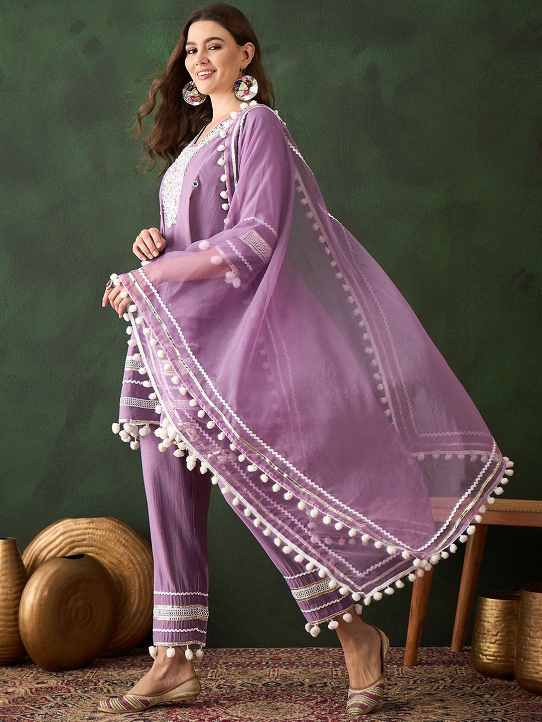Dhiyona SN Women's Purple Floral Embroidered Mirror Work A-Line Kurta With Trousers & Dupatta