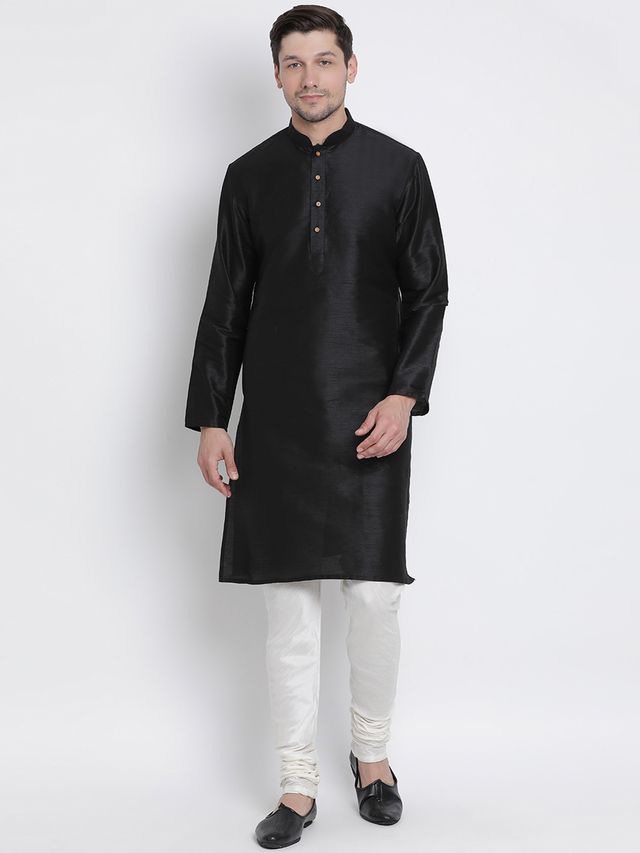 Men's Black Silk Blend Straight Kurta Pyjama Set