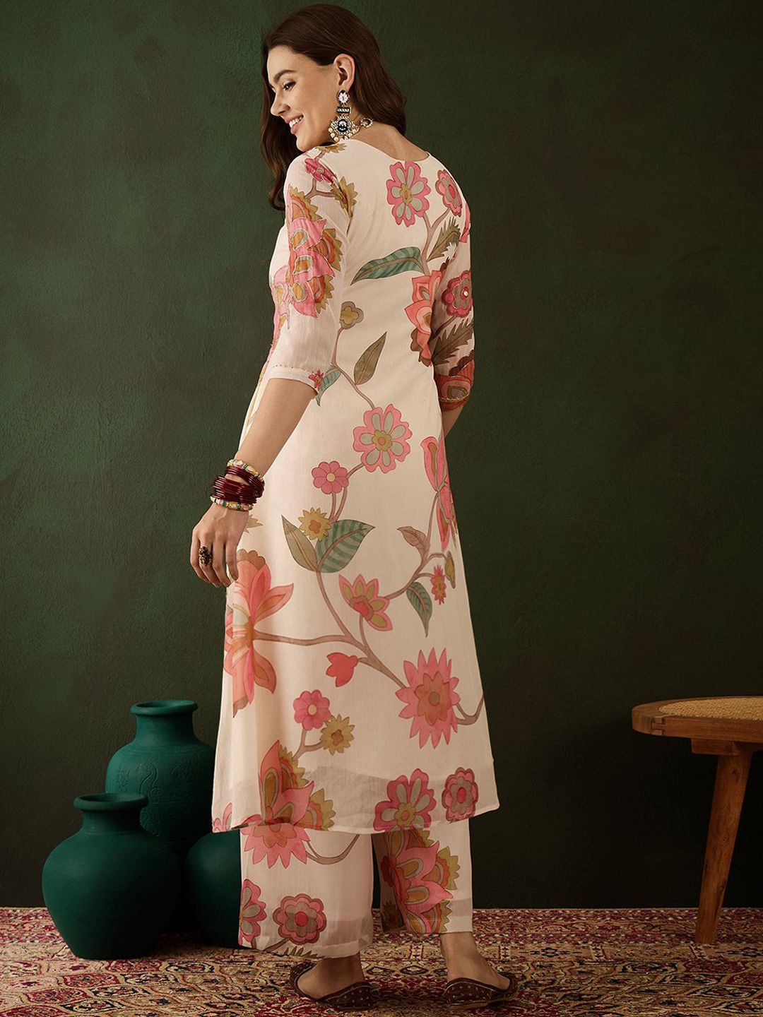 Dhiyona SN Women's Floral Embroidered Mirror Work Kurta with Palazzos
