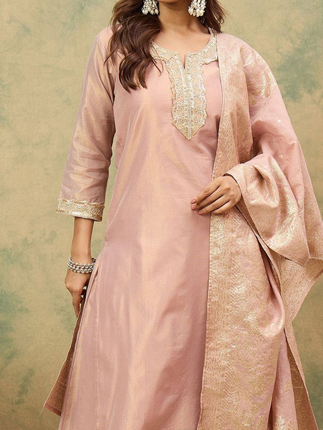 Dhiyona VA Women'sEthnic Motifs Yoke Design Notch Neck Straight Kurta With Palazzos & Dupatta