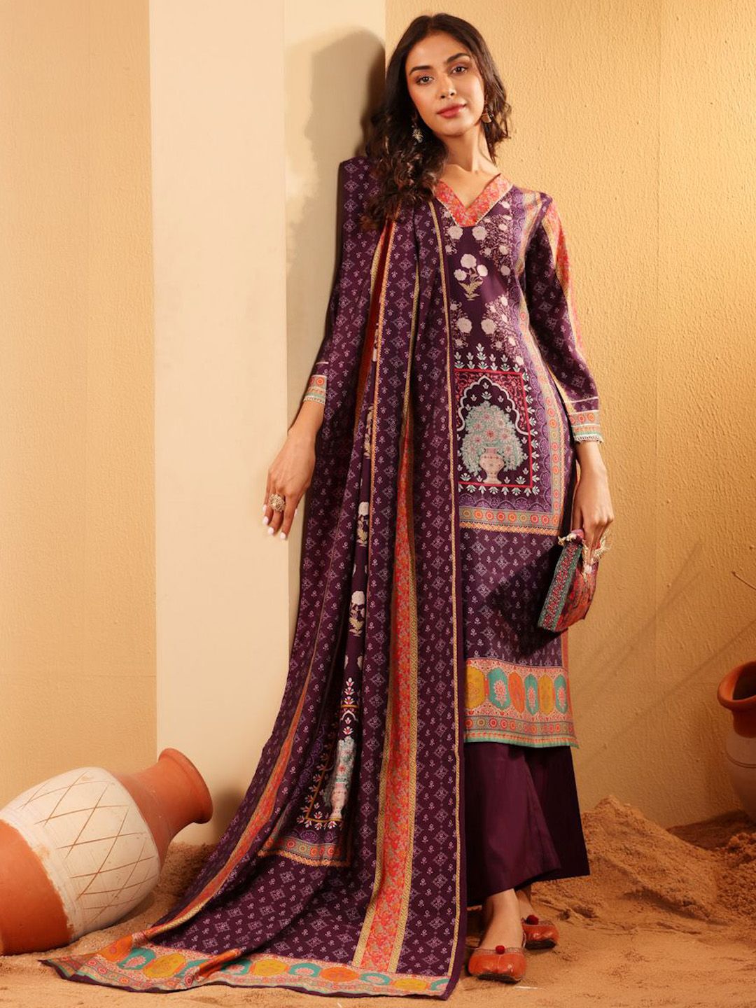 Dhiyona VA Women'sEthnic Motifs Printed Gotta Patti Chanderi Silk Kurta With Trousers & Dupatta