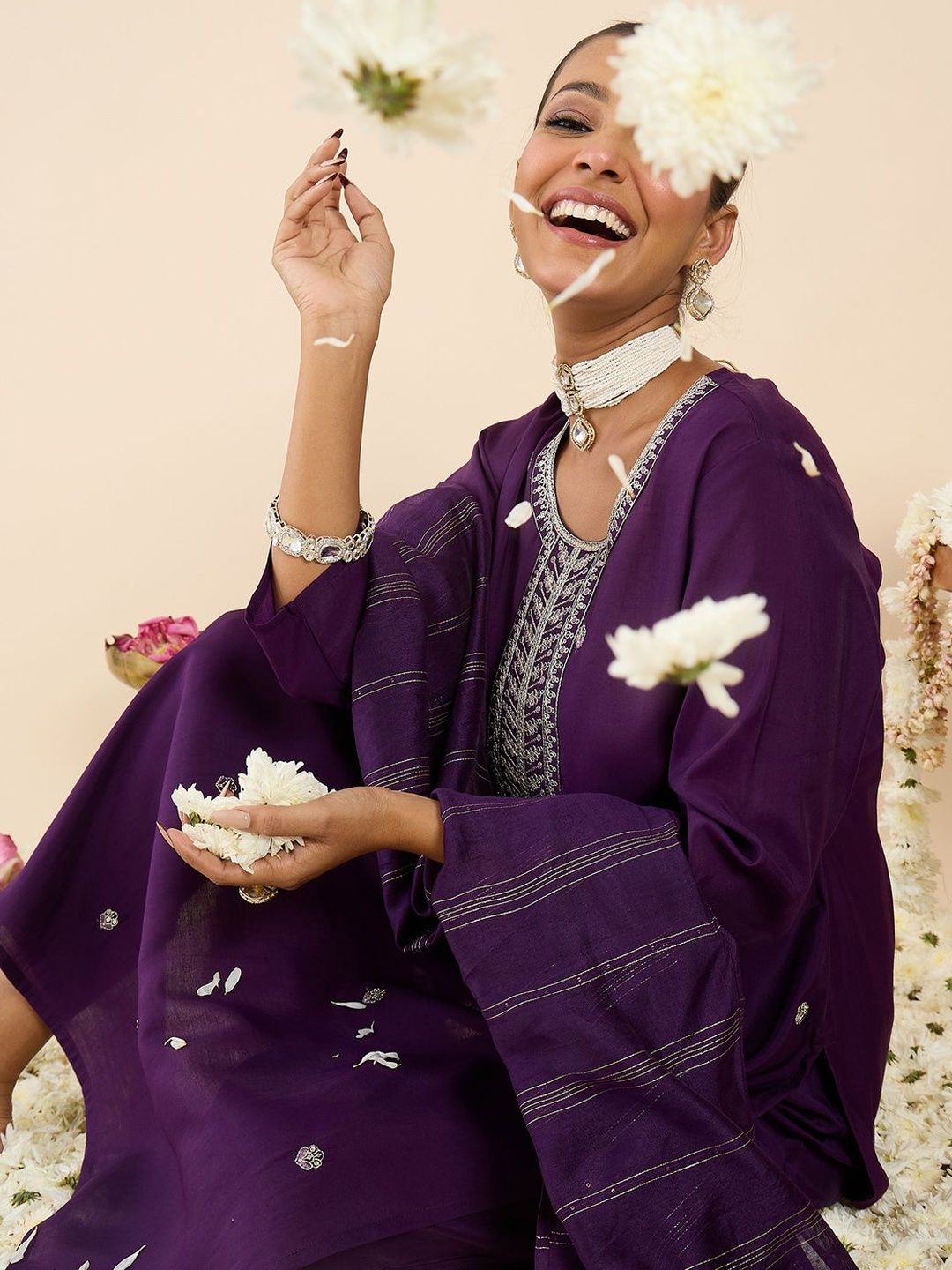 Women Ethnic Motifs Embroidered Regular Thread Work Kurta with Trousers & With Dupatta