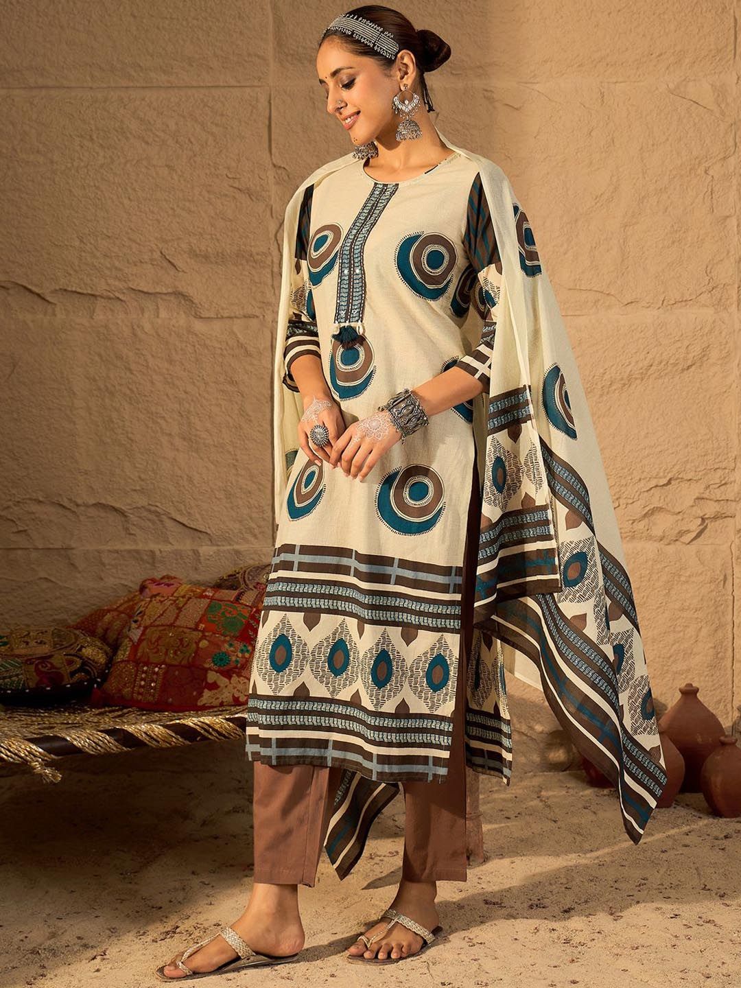 Dhiyona IE Women's Women Abstract Printed Cotton Kurta with Trousers & Dupatta