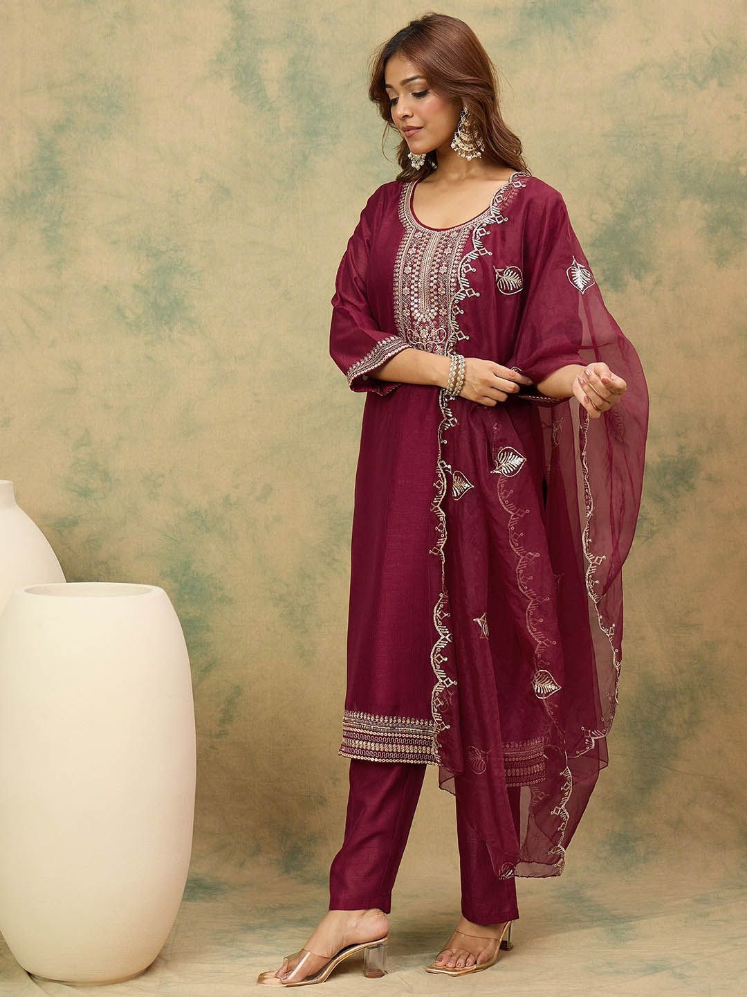 Dhiyona VA Women'sYoke Design Ethnic Motifs Straight Kurta With Trousers & Dupatta